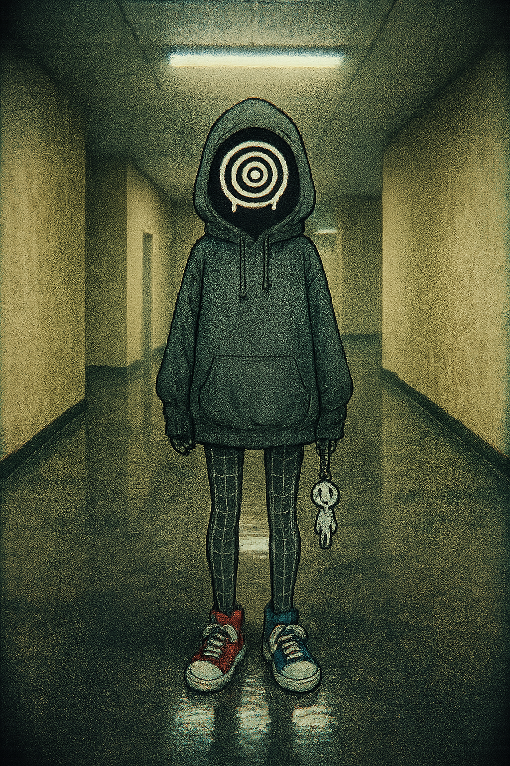 Weirdcore surreal aesthetic, liminal spaces, dreamlike uncanny visuals, weirdcore original character (OC),female figure in oversized hoodie with mismatched sneakers, dangling keychain, original spiral-eye emblem; standing in an empty liminal hallway with yellowed wallpaper, humming fluorescent lights, wet carpet reflections; fisheye distortion, subtle film grain, chromatic aberration, soft vignetting, eerie calm, 4k, Reality Level: Nightmare, Eye Configuration: Crying Eyes, Liminal Space: Hospital, Facial Features: No Face, Body Distortion: Wireframe, Texture Quality: Sharp Pixels, Atmosphere: Nightmarish, Time Period: Retro Future, Digital Artifacts: Pixel Bleeding, Emotional State: Peaceful, Surreal Elements: Gravity Defying, white background, full-length portrait, full body shot, whole figure head-to-toe fully visible, leave at least 15% empty margin above head and below feet, subject centered, long shot (not close-up), character height about 35% of image, do not crop, no cut off, no zoom-in, complete anatomy, well-proportioned full figure, standing pose, highly detailed, clean fine linework, smooth soft shading, soft gradients, minimal grain, low noise, anti-aliased edges, balanced contrast, high quality illustration, proper studio lighting