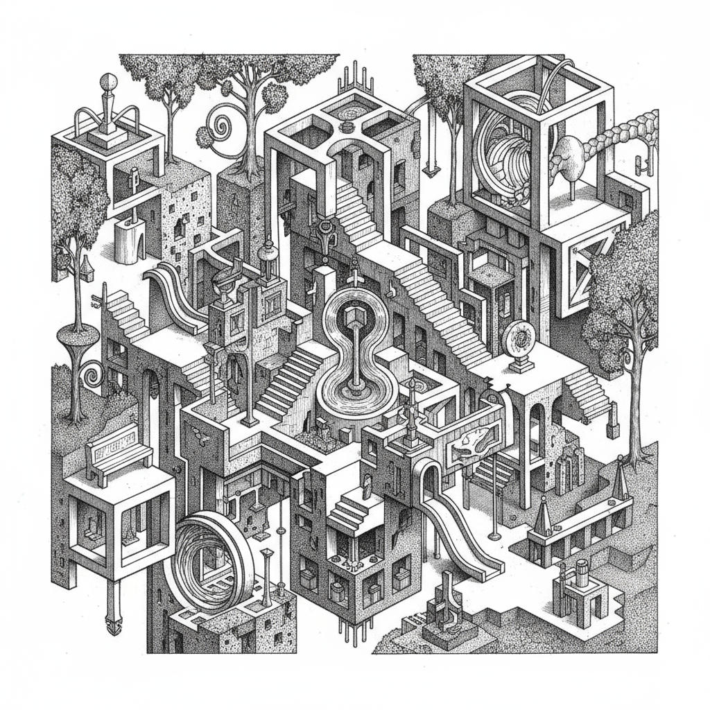 mc escher inspired drawing of disney s main street usa Prompts | Stable ...